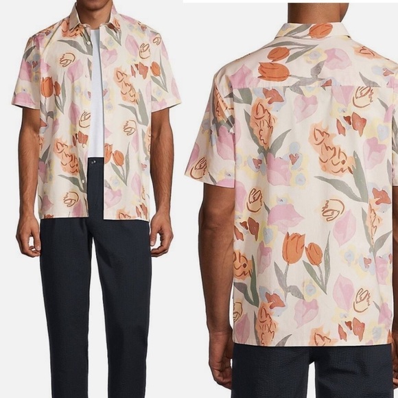 Ted Baker Orva SHORT SLEEVE button down shirt paint floral tan Large new w tags - Picture 1 of 9